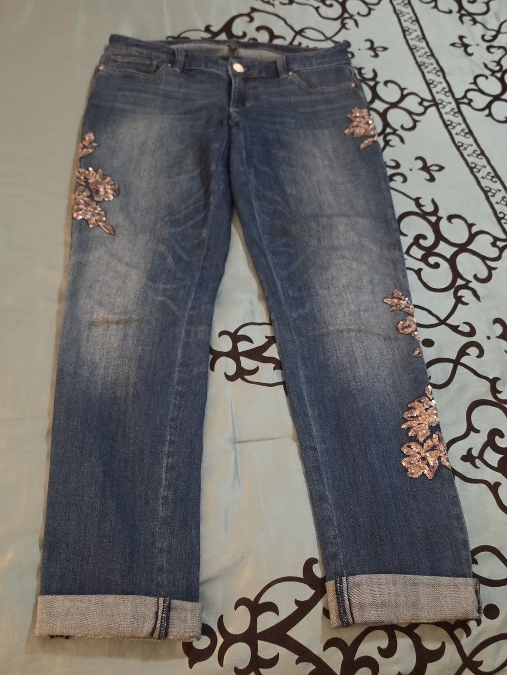 White House Black Market Dark Blue Jeans with Rose-Gold Sequin Floral Appliques